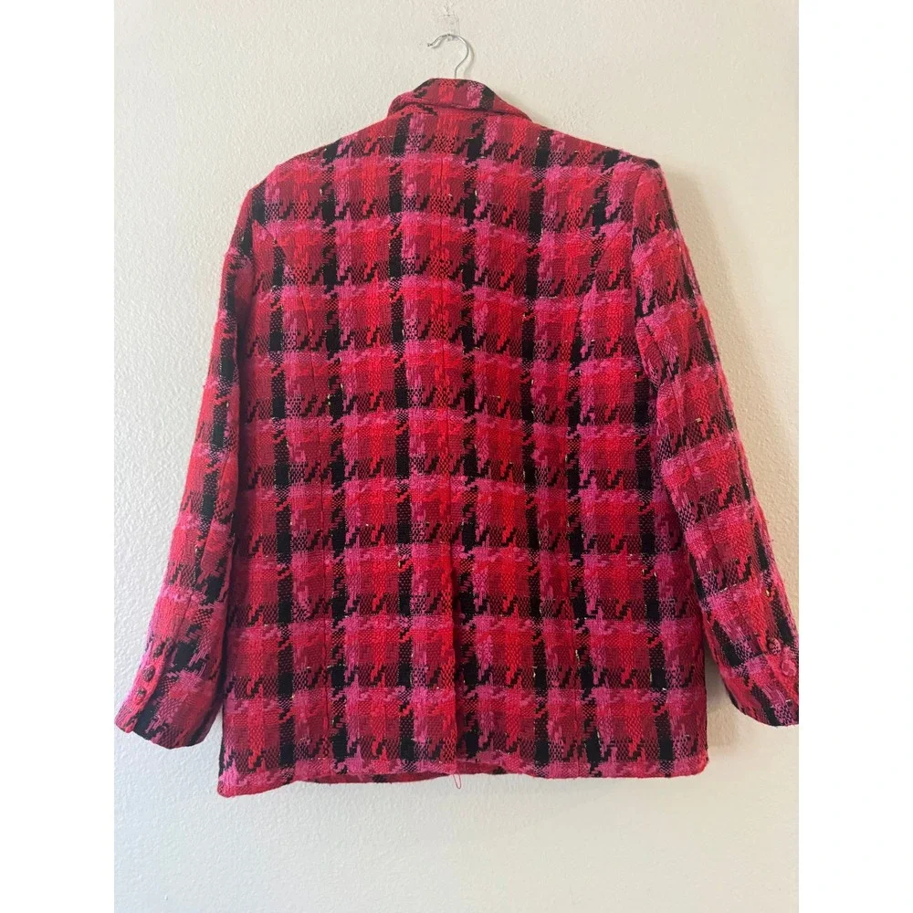 Lovers and Friends Plaid Tweed Blazer Metallic Rosette Large Red Pink Excellent